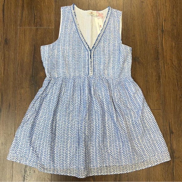🆕 Vineyard Vines Chevron Fringe Pintuck V-Neck Dress in Bayside Blue NEW SZ LG - Picture 1 of 5
